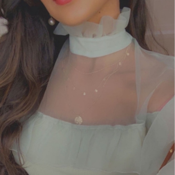 🆕ZARA | Organza Knit Top Sea Foam Green Ruffle Sheer Sweater Top Size Large - Picture 6 of 16